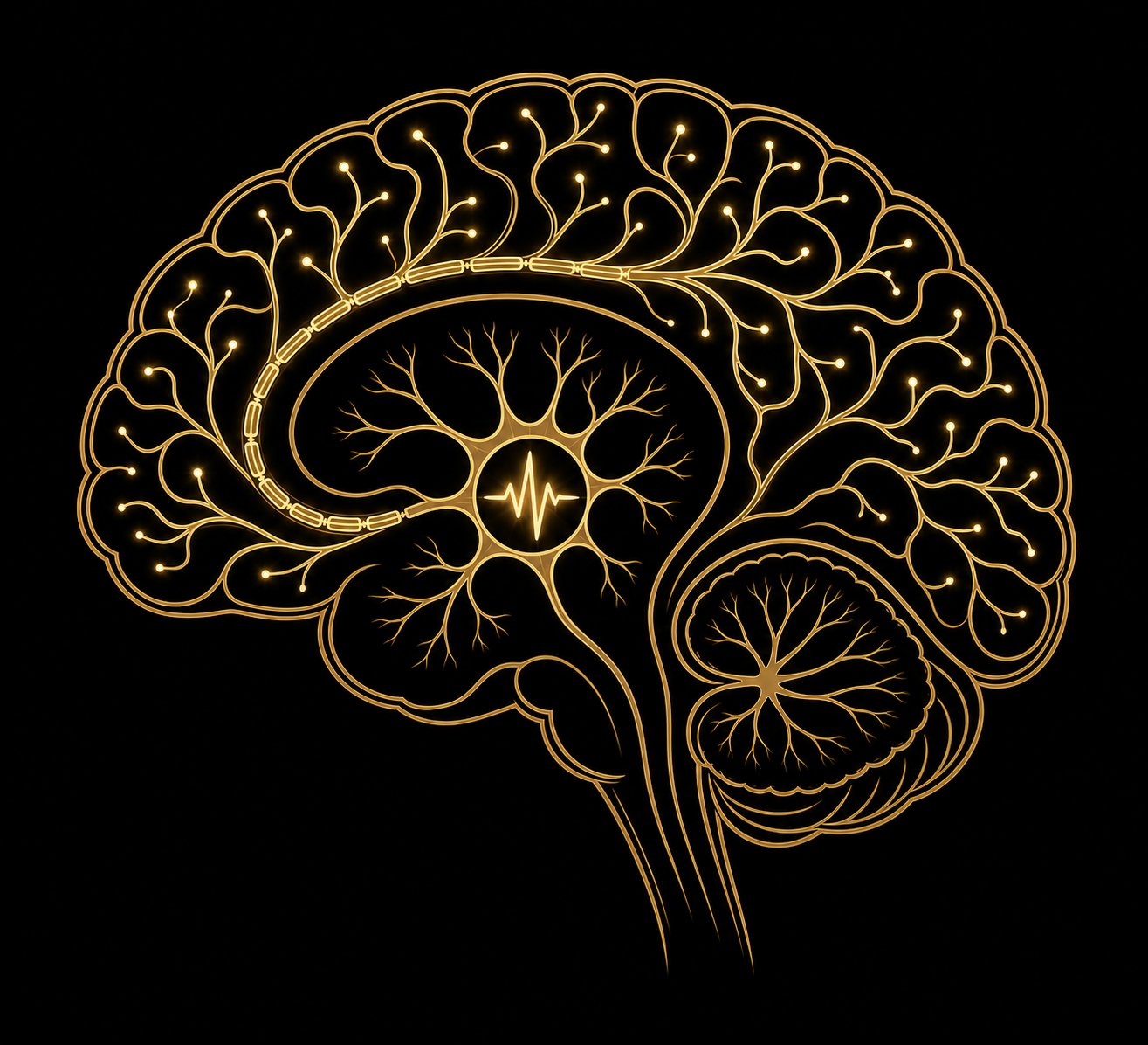 NeuroVersatilist emblem — sagittal brain with neuron and action potential